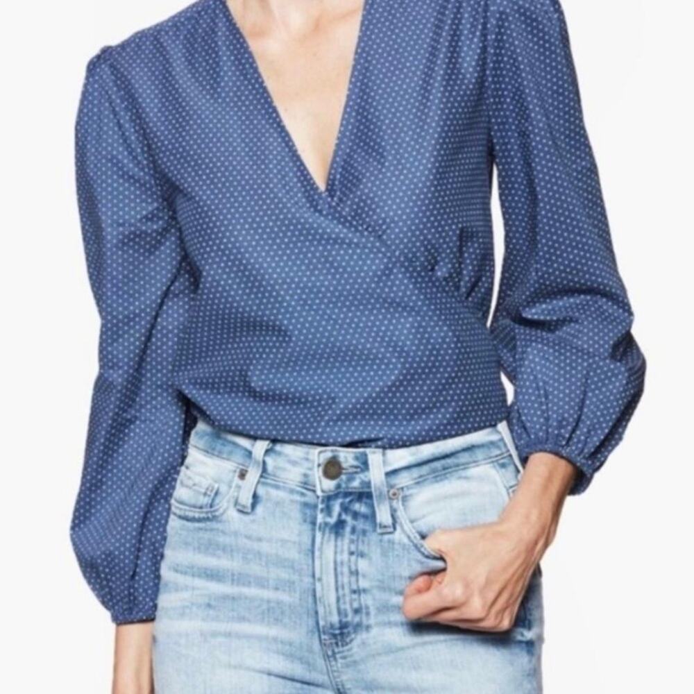 Paige Anthropologie Shirt Size M Wrap Tie Blue Aeldra micro polka Dot Bijou